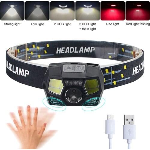 200M XPE+COB 6Modes USB Rechargeable LED Sensor Motion Headlamp Bright LED Headlight Outdoor Camping Fishing Light Warning light