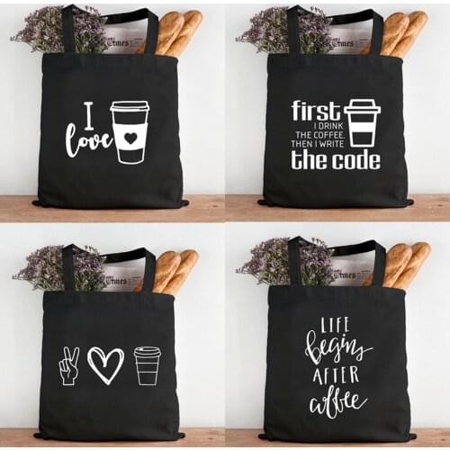 Coffee Printed Women Canvas Shopping Tote Black Bags Shoulder Reusable Student Handbag Large Capacity Storage Bags Best Gifts