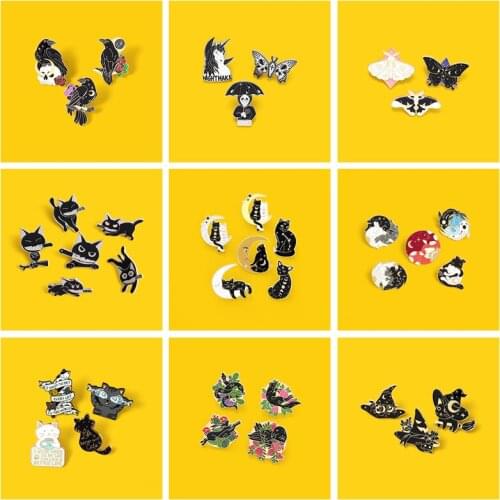 Custom Animal Sun Moon Fox Koi couple Witch Cat Enamel Pin Brooches Bag Lapel Pin Rabbit Bat Moth Gothic moon Badge Jewelry Gift