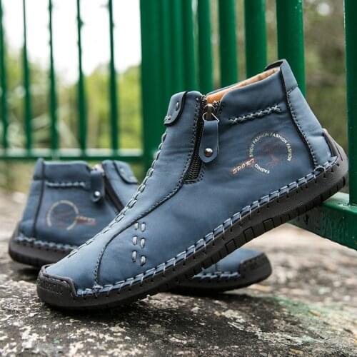 KEZZLY Mens large size outdoor shoes with zippers Fashion casual mens shoes with handmade stitching