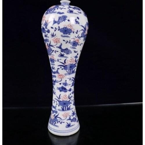 Chinese Ceramics Blue and White Porcelain Underglaze Red Chinaware Fish Figure Aquatic Plants Algae pattern Prunus Pulm Vase