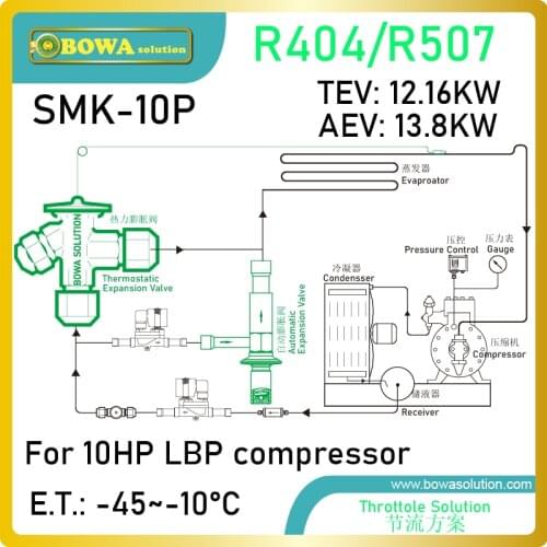 10HP, R404 throttle valve kits can work alone at -45' well, don't need any supplementary as EEV (electronic expansion valves)