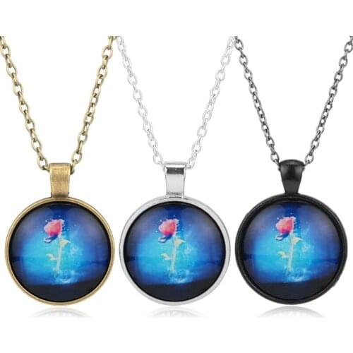 MOCHUN Beauty and The Beast Romantic Jewelry Necklace Glass Rose Pendant Necklace Glass Art Charm for Women Girl Gifts -30