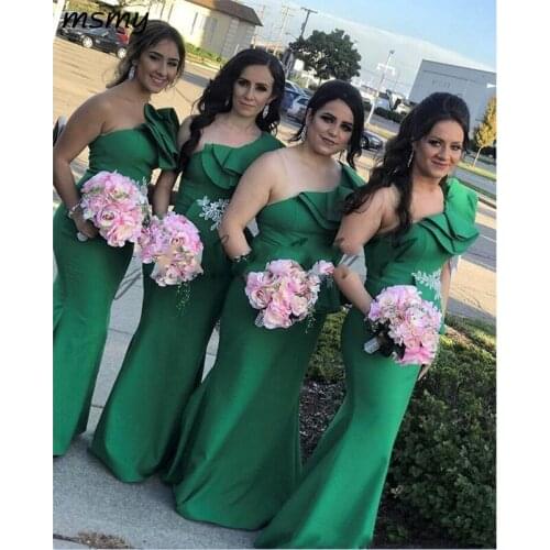 New Green One Shoulder Bridesmaid Dresses Sheer Mesh Pleats Floor Length Elastic Satin Wedding Guest Maid Of Honor Dress