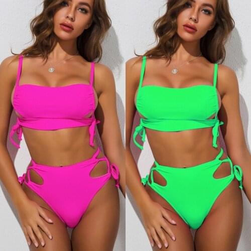 New Sexy Fluorescent High Waist Bikini Female Bandage Swimsuit Women Swimwear 2-pieces Bikini set Bather Bathing Suit Swim Lady