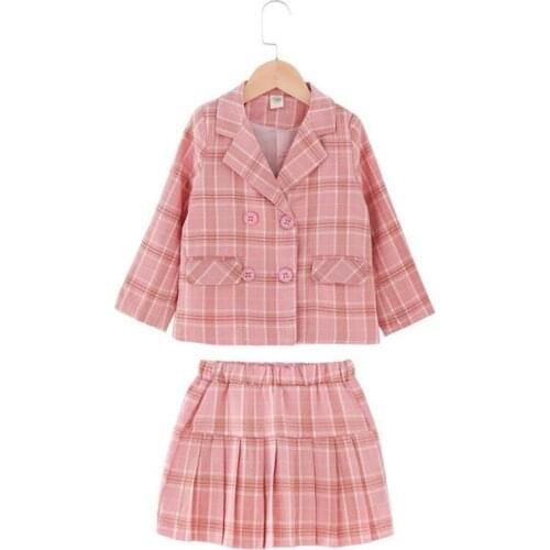 2019 Autumn Girls 2pc Set Fashion Children Pink Plaid Double-breasted Blazer Coat Pleated Skirt Kids Girls Party Sets For 2-8Yrs