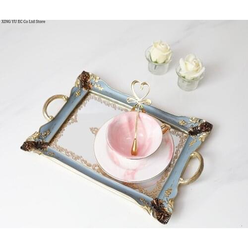 Rectangular French Tea Fruit Tray Desktop Decoration Jewelry White Printing Storage Tray Carved Resin Tray Home Bedroom