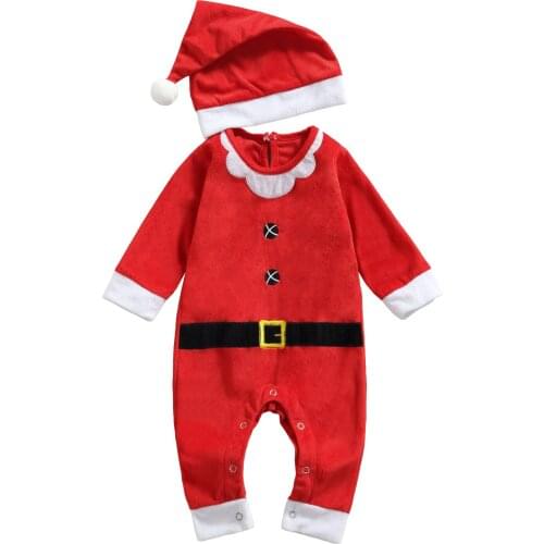 Infant Baby Girls Boys 2Pcs Christmas Outfits, Long Sleeve Round Neck Jumpsuit with Hat Set Santa Cosplay Costume