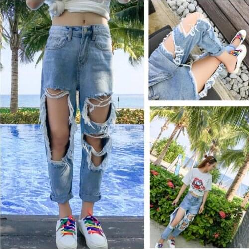 Street Big Hole destroyed Ripped Boyfriend Jeans For Women Plus Size High Waisted Baggy Jeans Teen Girls Tattered Denim Jeans
