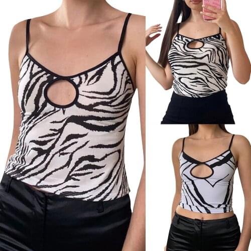 Womens Fashion Irregular Printing Camisole Sexy Hollow V-neck Backless Exposed Navel Suspender Tops