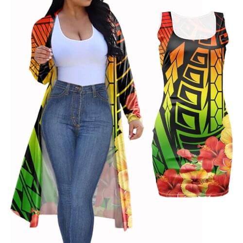 Samoan Tribal Polynesian Hawaii Hibiscus Floral Custom Print Women 2 Piece Clothing Set Long Coat with Short Bodycon Dress