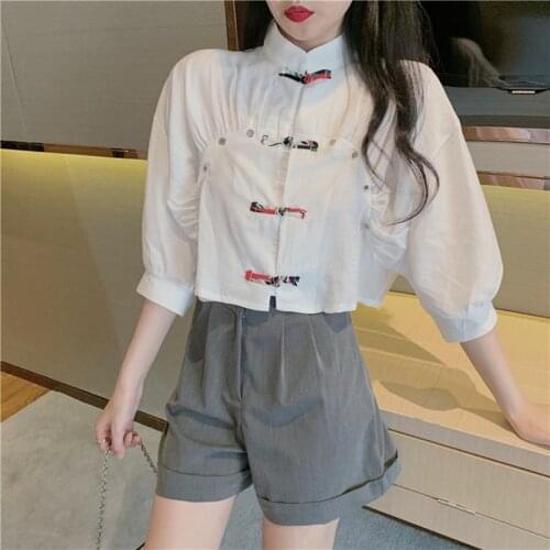 Chinese Style Clothing Women Fashion 2020 Puff Sleeve Crop Top Tang Suit White Mandarin Collar Sweet Shirt Cheongsam Top 11369