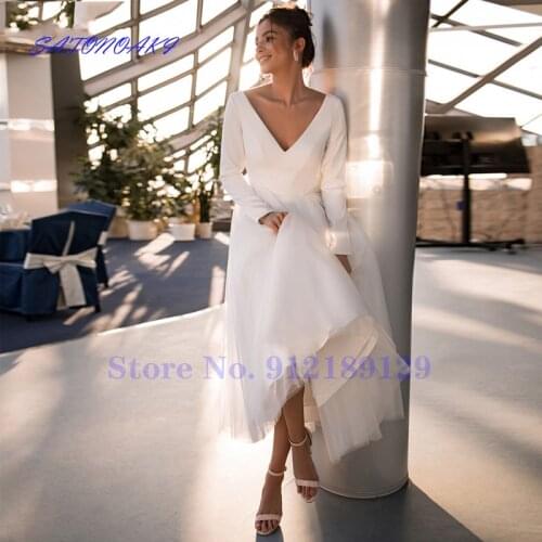 Elegant White Ivory Short Wedding Dresses A Line Long Sleeves V Neck Back Button Bridal Gown Robe De Mariée Vestidos Sukienka