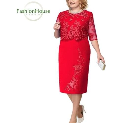 Plus Size Red Mother Wedding Party Guest Evening Dresses O-Neck Half Sleeve Tea Length Robe de Soiree de Mariage Women Dress Mom