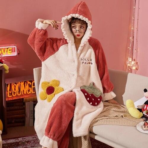 Winter Pajamas Women Sleepwear Inspissate Plush Loose Version Medium Style Night-Robe Pyjama Bottoms Coral Fleece женский