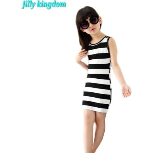 2019 kidS children Girls' Clothing Black And White Stripes Summer Girl Dress 100% Cotton 3-14 Years Kids Vest Dresses For girls