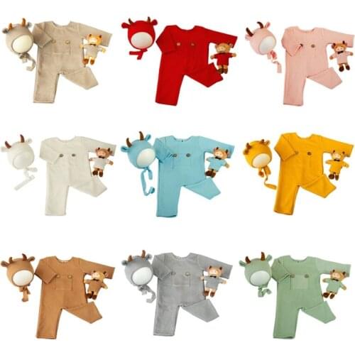 2021 Newborn Photography Props Suit Ox Year Jumpsuit Hat Cow Doll Infant Outfits