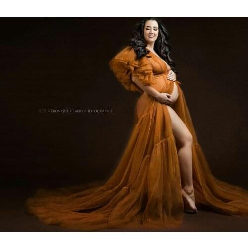 2021 CustomisedRuffles Tulle Short Sleeve Women Maternity Sexy Kimono Pregnant Party Sleepwear Women Bathrobe Sheer Nightgown Ro