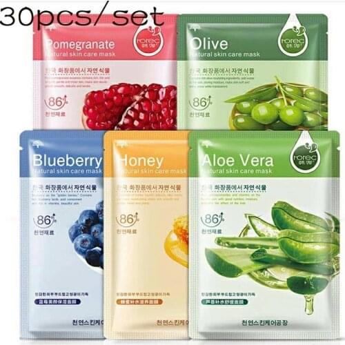 30PCS/Lot Horec BIOAQUA Skin Care Sheet Mask Aloe Olives Pomegranate Seaweed Batch Facial Mask Korean Face Care Green Tea Stick