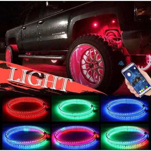 4 Pcs 15.5 Inch Car Tire Atmosphere Light Bar Bluetooth RBG Color Wheel Light Ring Shockproof Waterproof Auto Wheel Light Ring