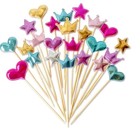 5pcs/bag Happy Birthday Cake Topper Heart Star Crown Cake Topper For Birthday Party Cupcake Flag Baby Shower Wedding Decoration