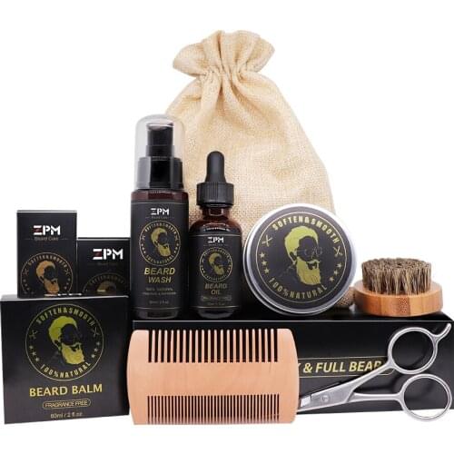 6PCS Bag Men Beard Oil Kit Moustache Comb Brush Food Storage Kits Male Care Kit Beard Wax Beard Balm Care Man Beard Cream Set
