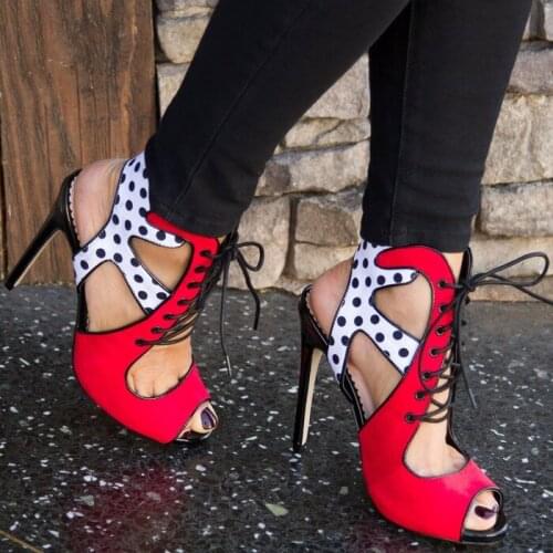 Summer Bright Red Polka Dot Patchwork Sandals Side Cut out Woman Slingbacks Thin High Heels Dress Shoes Lace up Sandalias
