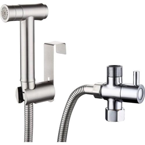 One Key Press Double Function Bathroom Toilet Bidet Faucet Kit Stainless Steel Brushed Bidet Sprayer Set Mount On Tank BD033