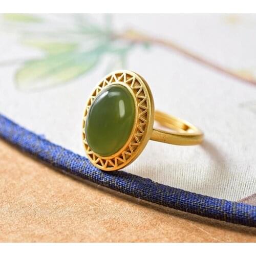Natural Hetian Gray Jade S925 Sterling Silver Female Ring Oval Hetian Jade Stone Open Ring Embossed Ornament Gold Ring