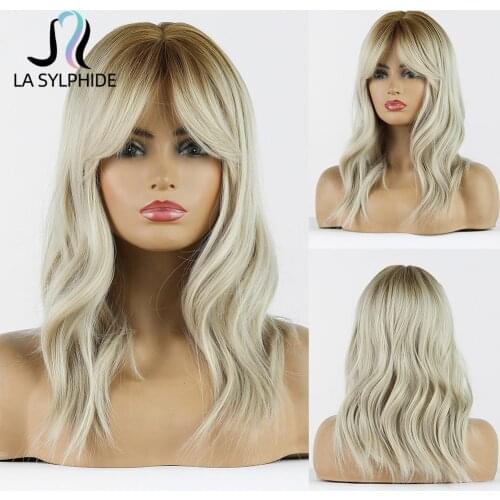 La Sylphide Short Wavy Bob Blonde Long Wig with Bangs for Women Synthetic Wigs Daily Party Wig Heat Resistant Fiber