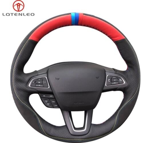 LQTENLEO Black Suede Black Red Leather Car Steering Wheel Cover For Ford Focus 3 2014-2018 Kuga Escape C-MAX Ecosport 2015-2019