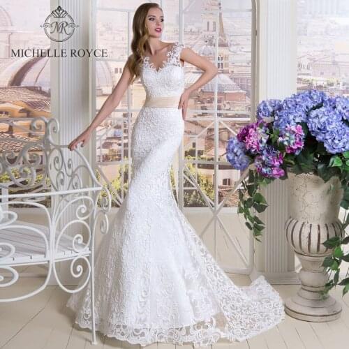 Michelle Royce Mermaid Wedding Dresses 2020 V-Neck Appliques Cut-Out Sleeveless Button Sashes Bow Chapel Trai Vestido De Novia