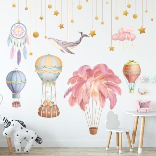 Cartoon Kids room decoration Sticker Hot air balloon Feather Pink Girl self-adhesive Wall stickers background decor removable