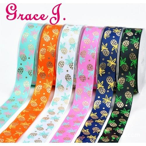 New Fashion Spring fruit series 25mm 100% Polyseter Gold foil pineapple printed ribbon accessories ribbons manual DIY 10M/Lot