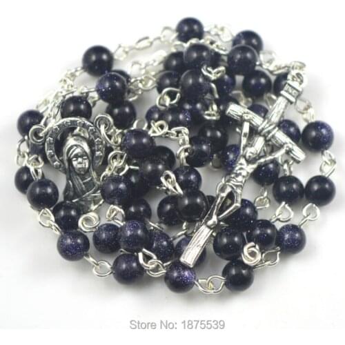 Blue sand bead catholic rosary necklace special round natural stone bead