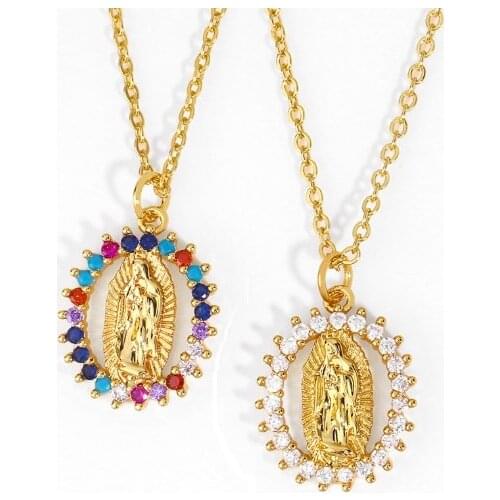 Virgin Mary multicolor micro pave cz zircon cubic zirconia necklace copper Clavicle gold plated Snake Chain Choker Pendant efg3