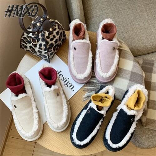 HMXO Thick-soled Plush Shoes Womens Winter Cotton Scoop Shoes Lazy Pedal Lamb Hair Want Plush Cotton Boots Women Peas Shoes
