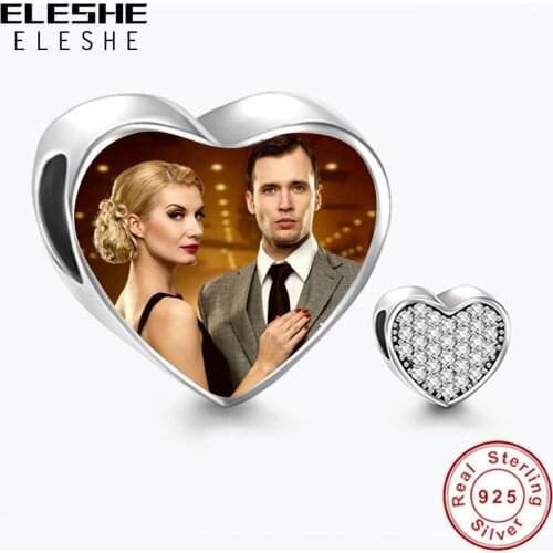 ELESHE Authentic 925 Sterling Silver Heart Charms Beads Fit Original Bracelet Custom Photo Name Crystal CZ Charm DIY Jewelry