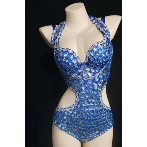 Blue Rhinestone Bra Bodysuit Sexy Women Nightclub Party Gogo Costume Hollow Out Waist One-Piece Singer Stage Clothes DNV14249