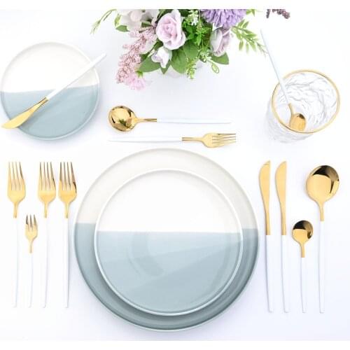 JANKNG White Golden Cutlery Tableware Stainless Steel Dinnerware Sets Dinning Table Set Dinnerware White Gold Cutlerey Flatware