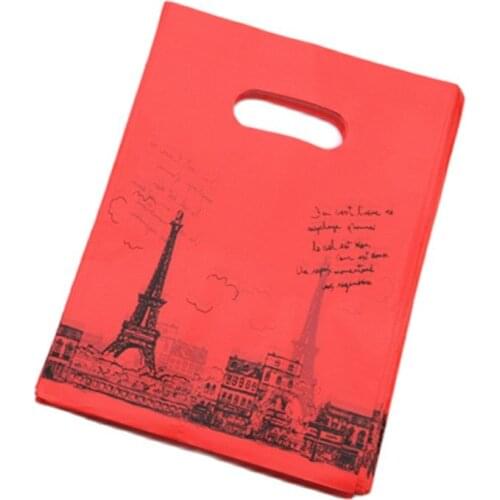 Wholesale 100pcs/lot 15*20cm Luxury European Red Birthday Present Gift Packaging Bags With Eiffel Tower Plastic Shopping Bags