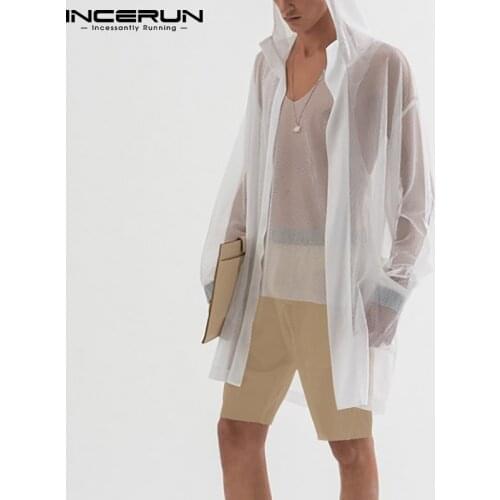 2021 Fashion Men Trench Solid Color Mesh See Through Hooded Long Sleeve Outerwear Streetwear Open Stitch Sexy Men Coats INCERUN