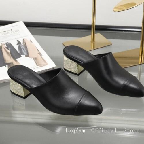 Muller sandals ladies summer outing casual mid-heeled golden square heel pointed comfortable chic leather shoes 4 cm high
