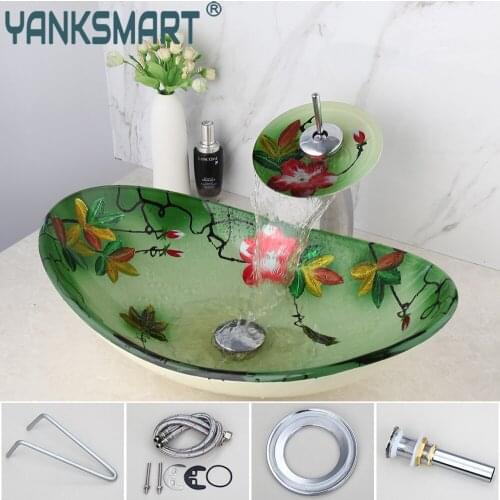 YANKSMART Oval Tempered Glass Washbasin Faucet Set Counter Top Washroom Basin Sink Vessel Vanity Mixer Water Tap Combo Kit