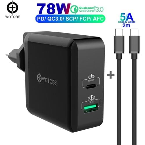 WOTOBE 2port USB-C Wall Charger,1Port PD60W,and 1 QC3.0/SCP/AFC 22.5W USB C Cable For huawei p20/30 MacBook iPad iPhone s10