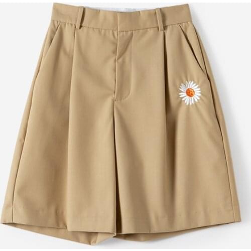 New Ladies High Waist Bermuda Shorts Daisy Embroidery Detail - Women Camel/Black/Grey Flower Embroidered Patchwork Hot Shorts