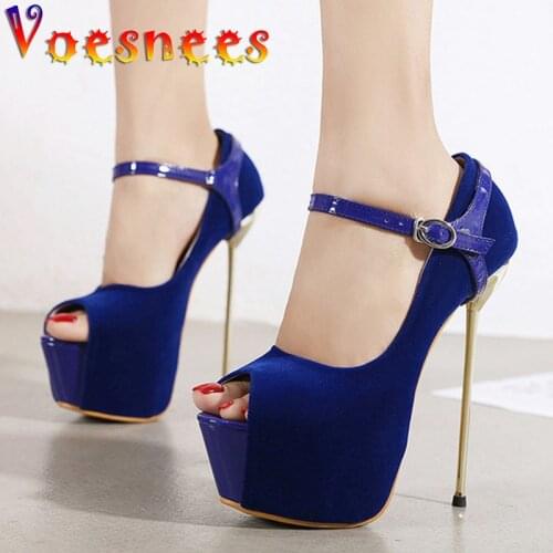 Voesnees Platform Pumps Women 2021 New Flock Peep Toe High Heels 16CM Metal heel Stiletto Nightclub Ladies Model Catwalk Shoes