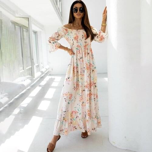 Autumn Sexy Off Shoulder Flower Print Maxi Dress Women Elegant Backless Long Sleeve Ruffles Elastic Slim Woman Long Dresses 2021