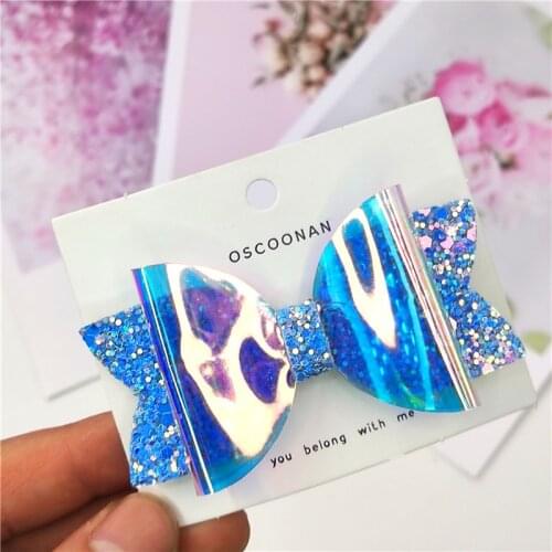1PCS Lovely Blue Leather Glitter 3.2 Inch Bow Elastic Hair Bands Hairpins Dance Party Korean Hair Accessories For Baby Girls NEW