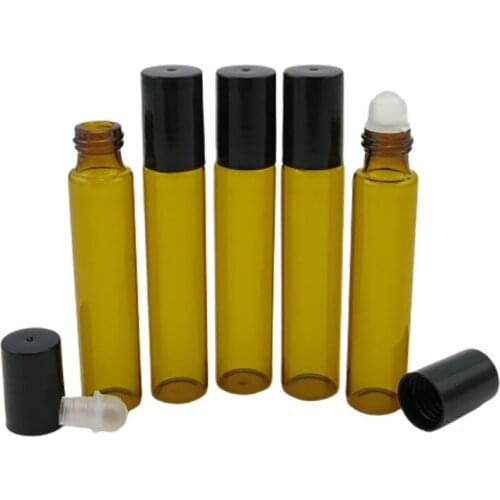 300/lot 10ml Amber Glass Roll On Bottle 1/3Perfume Roll-on Bottle with plastic lids